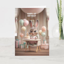 Baby Bunny in High Chair w/ Balloons 1st Birthday Karte