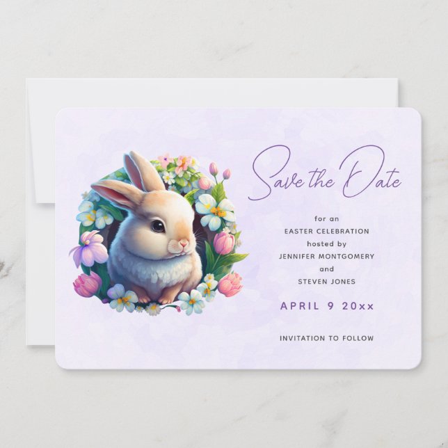 Baby Bunny in Spring Blumen Save the Date (Vorderseite)