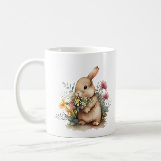 Baby Bunny Rabbit mit Lila gelben Blumen Kaffeetasse (Links)