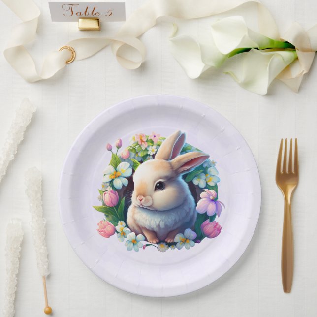 Baby Bunny unter den farbenfrohen Frühlingsblumen  Pappteller (Hochzeit)