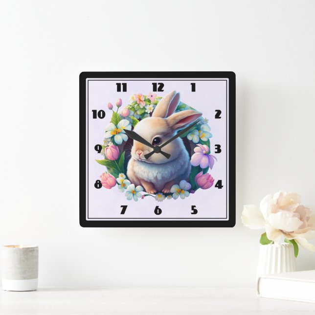 Baby Bunny unter farbenfrohen Frühlingsblumen Quadratische Wanduhr (Zuhause)