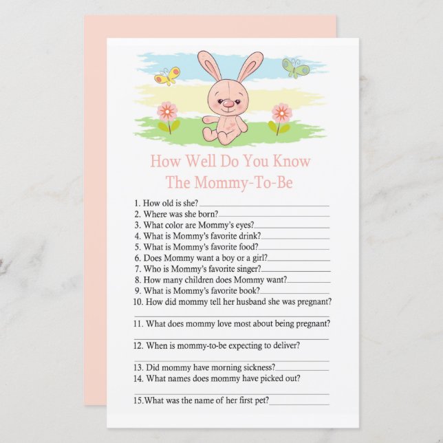 Baby Bunny Wie gut kennen Sie Babydusche-Spiel (Vorne/Hinten)