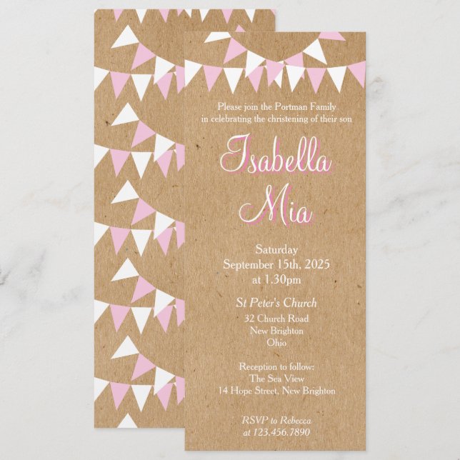 Baby Bunting Pink Taufe Christening Einladung (Vorne/Hinten)