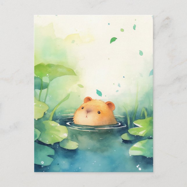 Baby Capybara Peeking Out of Calm Green Lily Pad Postkarte (Vorderseite)