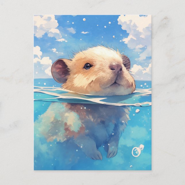 Baby Capybara Swimming in Deep Blue Ocean Water Postkarte (Vorderseite)