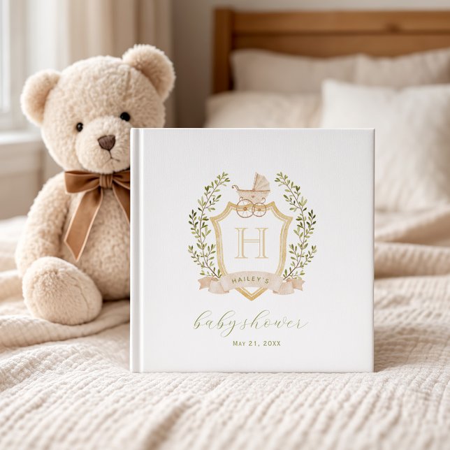 Baby Carriage Crest Monogram | Neutral Baby Shower Gästebuch (12x12 guest book)