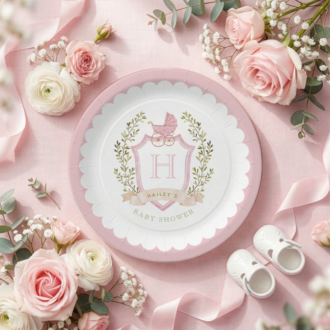 Baby Carriage Crest Monogram | Pink Baby Shower Pappteller (Von Creator hochgeladen)