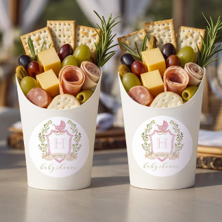 Baby Carriage Crest Monogram | Pink Baby Shower Runder Aufkleber