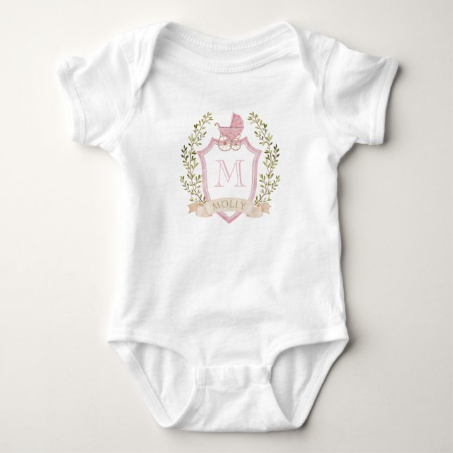 Baby Carriage Crest Monogram | Pink Baby Shower Strampler (Vorderseite)