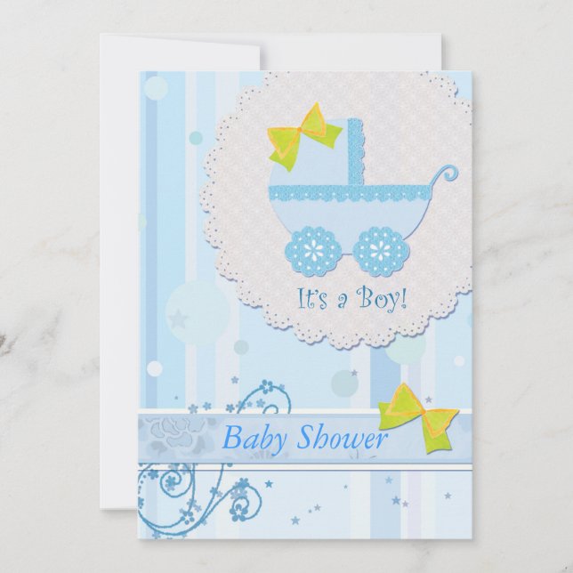 Baby Carriage "It's a Boy" Blue Baby Dusche Einladung (Vorderseite)