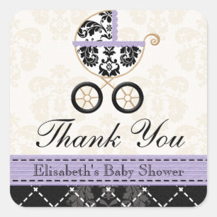 Baby Carriage (LAVEND) und Black Damask Danke Quadratischer Aufkleber