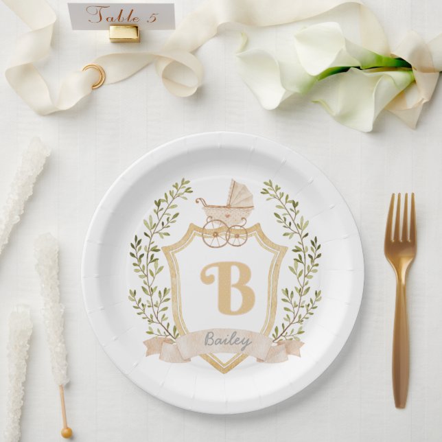 Baby Carriage Monogram "B" | Neutral Pappteller (Hochzeit)