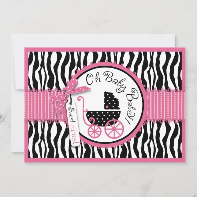 Baby Carriage, Zebra Print & Hot Pink Baby Dusche Einladung (Vorderseite)