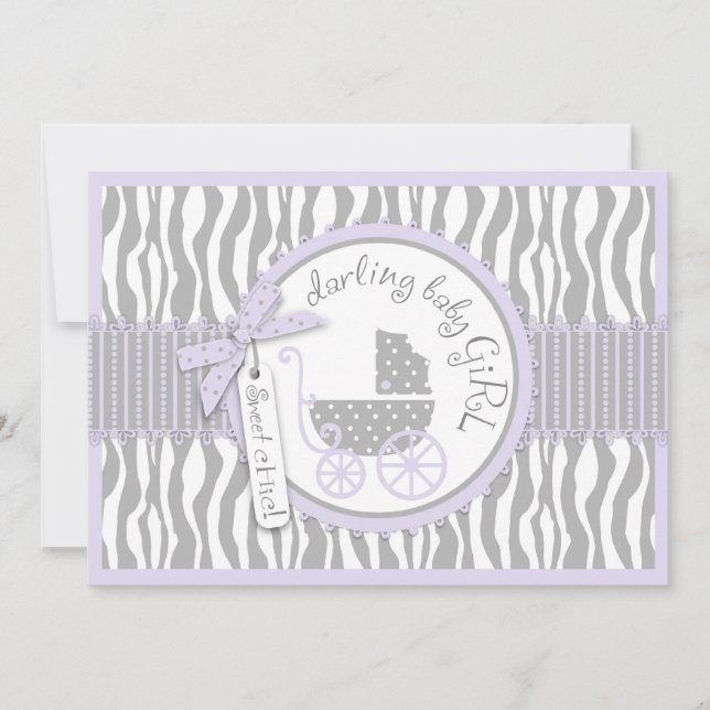 Baby Carriage, Zebra Print & Lavender Baby Dusche Einladung (Vorderseite)