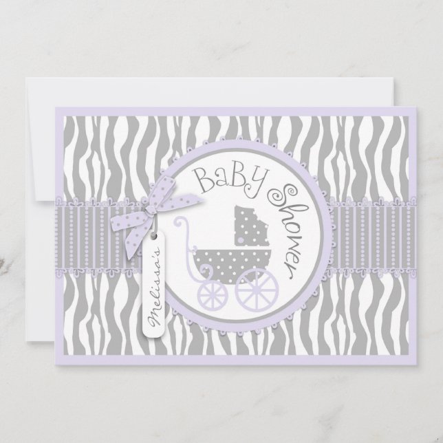 Baby Carriage, Zebra Print & Lavender Baby Dusche Einladung (Vorderseite)