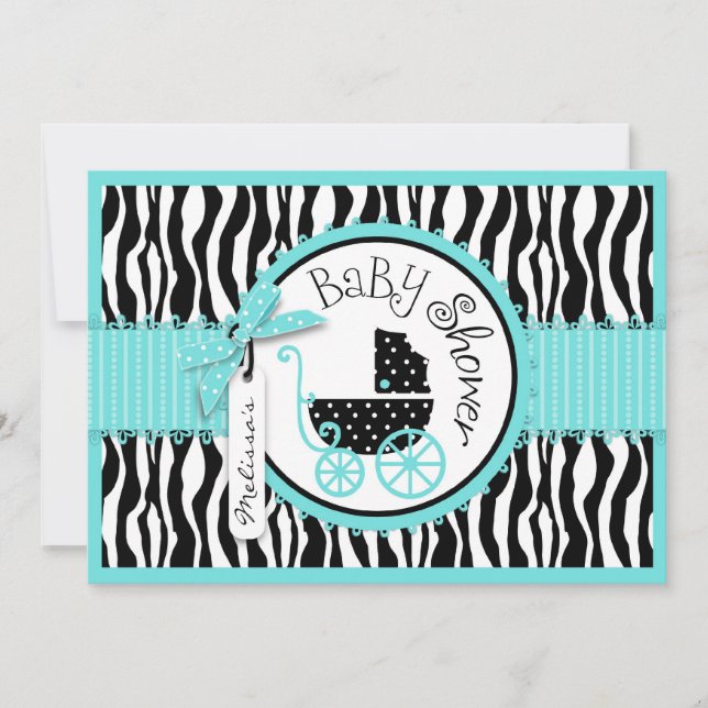 Baby Carriage, Zebra Print & Turquoise Baby Dusche Einladung (Vorderseite)