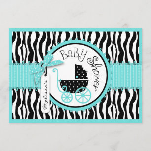 Baby Carriage, Zebra Print & Turquoise Baby Dusche Einladung