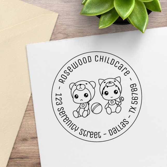 Baby Cat Bear Daycare Kinderbetreuung Runde Adress Gummistempel (Von Creator hochgeladen)