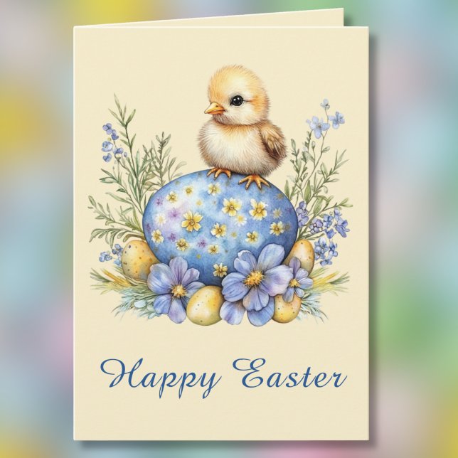 Baby Chick Happy Easter Egg Blue Yellow Flowers Karte (Von Creator hochgeladen)