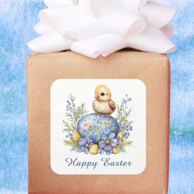 Baby Chick Happy Easter Egg Blue Yellow Flowers Quadratischer Aufkleber (Von Creator hochgeladen)