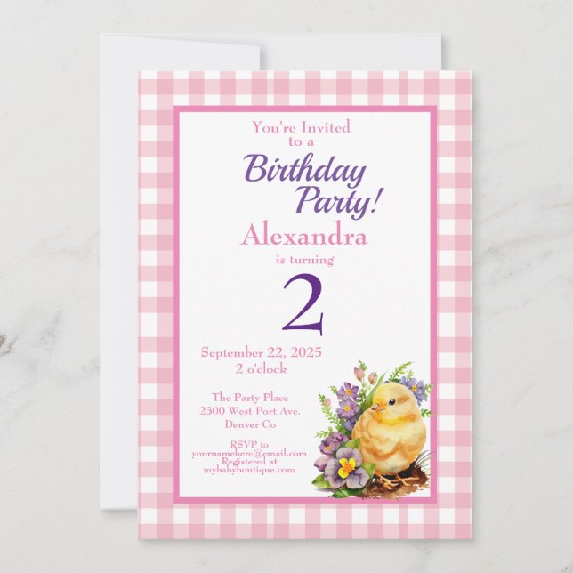 Baby Chick Pink Geburtstagsparty Einladung (Vorderseite)