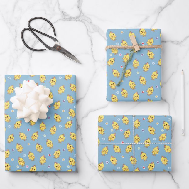 Baby Chicks Farm Animal Cute Kawaii Pattern Blue Geschenkpapier Set (Vorderseite)