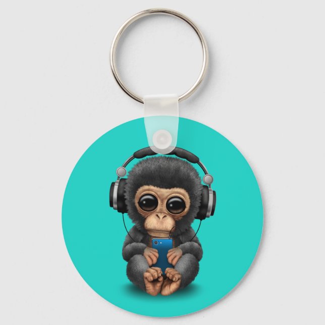 Baby Chimp mit Kopfhörer und Handy Schlüsselanhänger (Vorderseite)