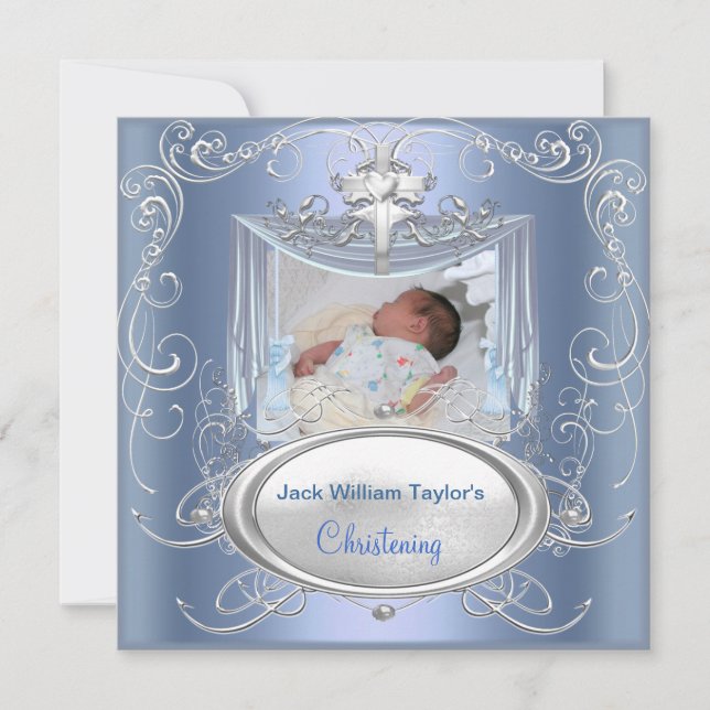 Baby Christening Taufe Boy Blue Silver Cross Ankündigung (Vorderseite)