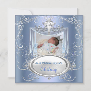 Baby Christening Taufe Boy Blue Silver Cross Ankündigung