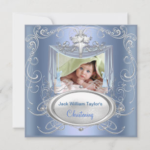 Baby Christening Taufe Boy Blue Silver Cross Ankündigung
