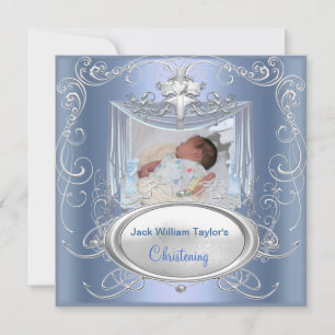 Baby Christening Taufe Boy Blue Silver Cross Einladung