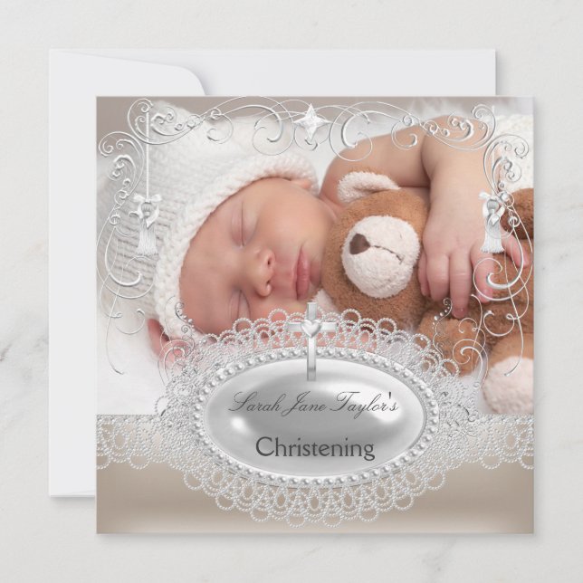 Baby Christening Taufe Girl Boy Silver Cross Ankündigung (Vorderseite)