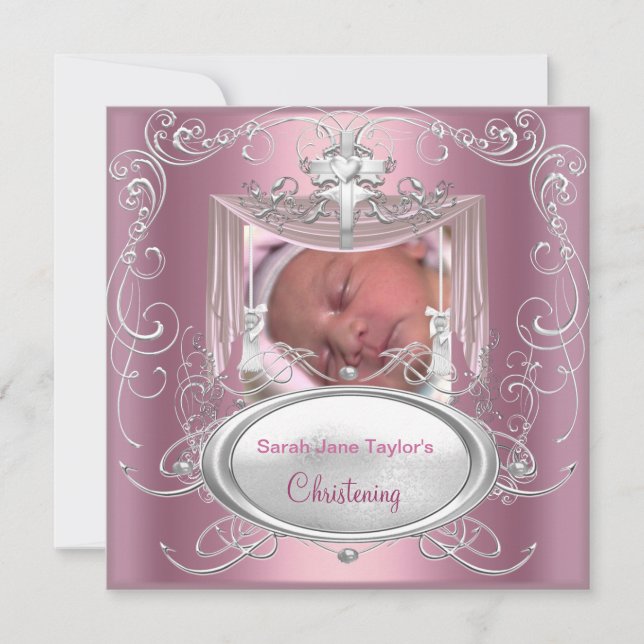 Baby Christening Taufe Girl Pink Silver Cross Ankündigung (Vorderseite)