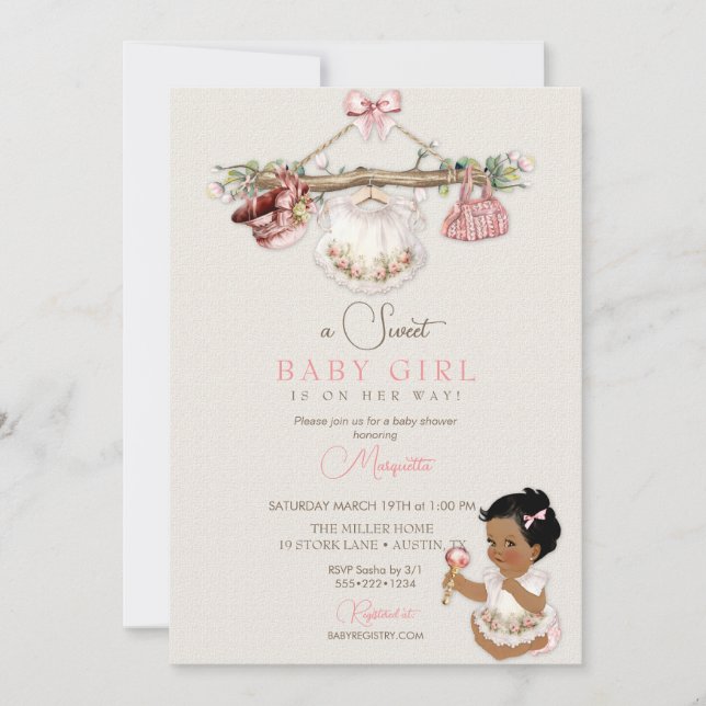 Baby Clothes Girl Baby Dusche Elfenbeinrosa Einladung (Vorderseite)