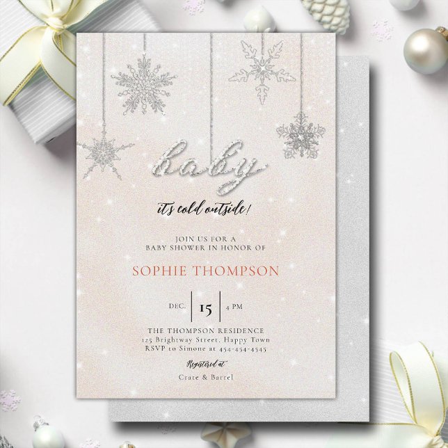 Baby Cold Outdoor Glitzer Snowflakes Girl Dusche Einladung (baby its cold outside baby shower invitation rhinestone glitter sparkle snowflakes girl pink elegant)