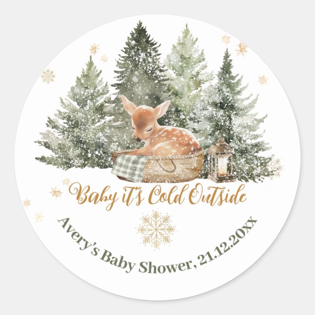 Baby Cold Outdoor Rustic Deer Winter Baby Dusche Runder Aufkleber (Vorderseite)