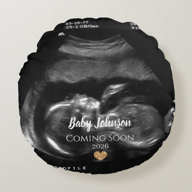 Baby Coming Bald Ultrasound Gold Herz Rundes Kissen (Vorderseite)