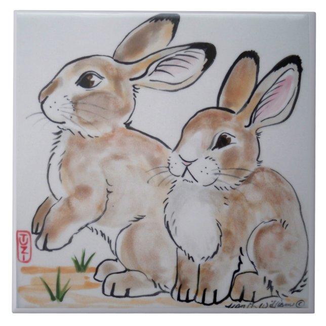 Baby Cottontail Bunny Rabbit Oriental Style Tile Fliese (Vorderseite)