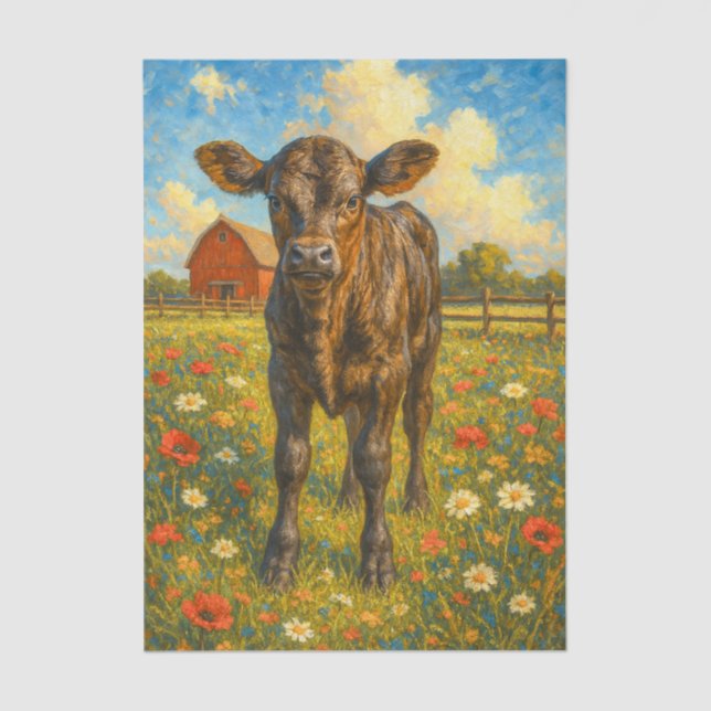 Baby Cow in Pasture Farmhouse Decoupage Paper  Seidenpapier (Vorderseite)