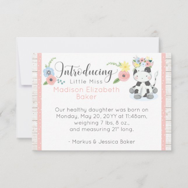 Baby Cow Rustic Floral Baby Ankündigung (Vorderseite)
