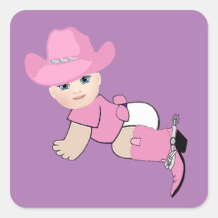 Baby Cowgirl mit rosa Hut und Stiefeln Quadratischer Aufkleber
