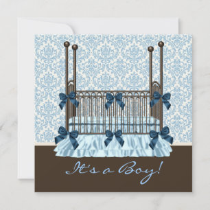 Baby Crib Blue Brown Damask Baby Boy Dusche Einladung