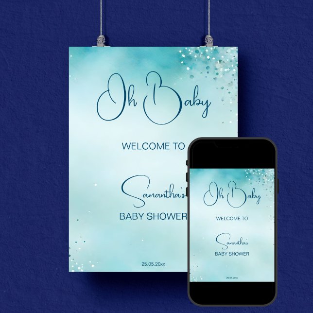 Baby Cyan Aqua Blue Baby Dusche Empfang Poster (Oh baby cyan aqua blue baby shower welcome sign poster editable template digital download simple )