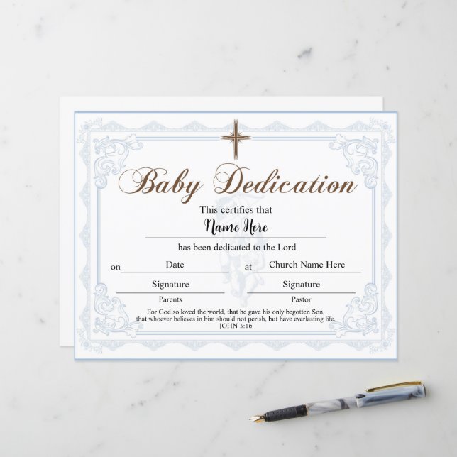 Baby Dedication Certificate Blue Boy (Vorderseite/Rückseite Beispiel)