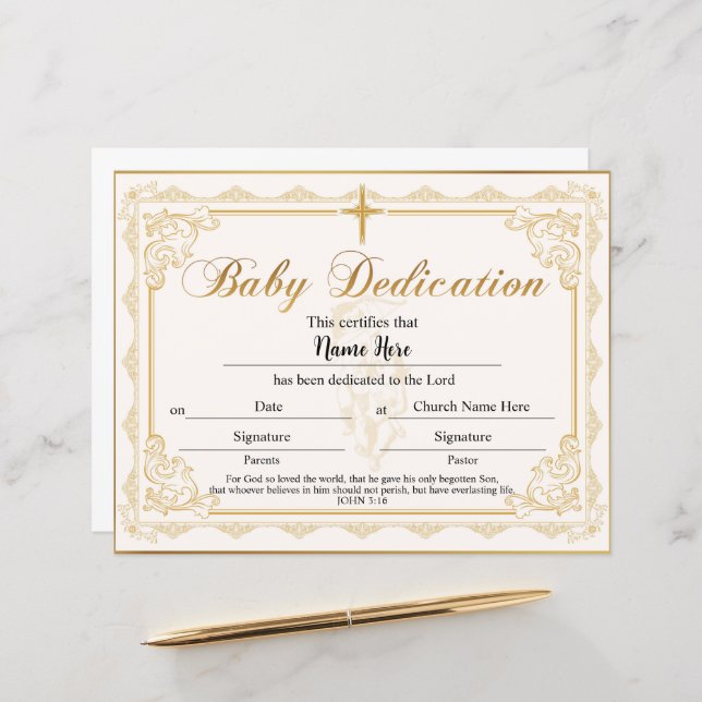 Baby Dedication Certificate Gold (Vorderseite/Rückseite Beispiel)
