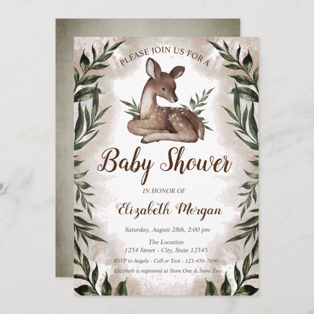Baby Deer Blätter Forest Baby Shower Einladung (Vorne/Hinten)