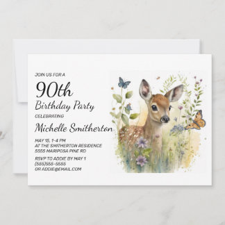 Baby Deer Butterfly Foliage Floral 90. Geburtstag Einladung