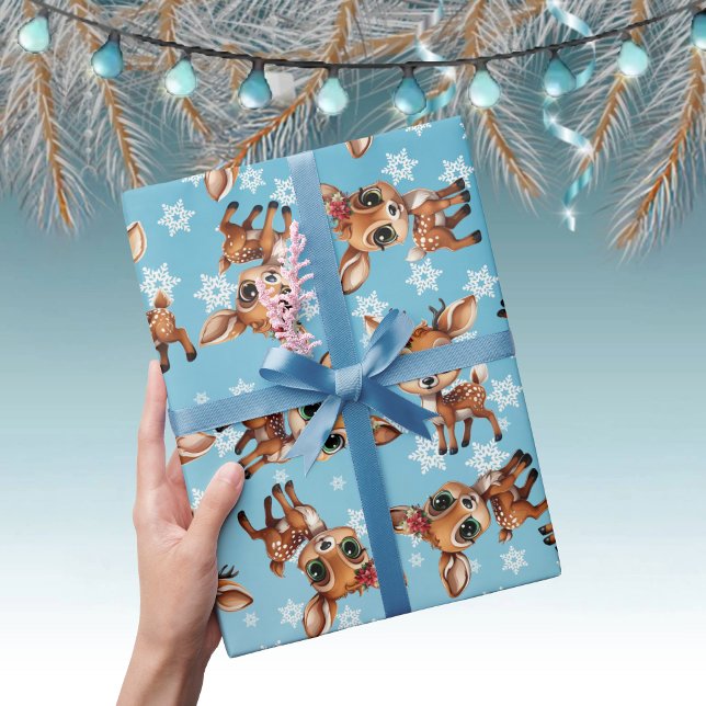 Baby Deer, Fawn, Doe, Rentier 🦌 Blau, Schneeflock Geschenkpapier (Cute Baby Floral Deer, Fawn, Doe Lover Reindeer Antlers Snowflake Pattern Blue Wrapping Paper 🦌 🎄)