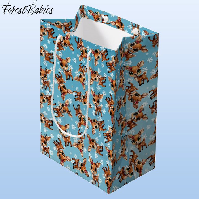Baby Deer, Fawn, Doe, Rentier 🦌 Blau, Schneeflock Mittlere Geschenktüte (Cute Baby Floral Deer, Fawn, Doe Lover, Reindeer Antlers, Snowflake Pattern, Blue Gift Bag 🦌 🎄)