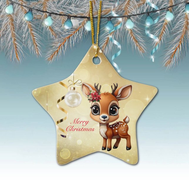 Baby Deer, Fawn, Doe, Rentier 🦌 🎄 frohe Weihnach Keramik Ornament (Custom Reindeer Decor Xmas Fawn Fun Holiday Doe Animal Merry Christmas 
Gold Star Ornament 🦌🎄 )